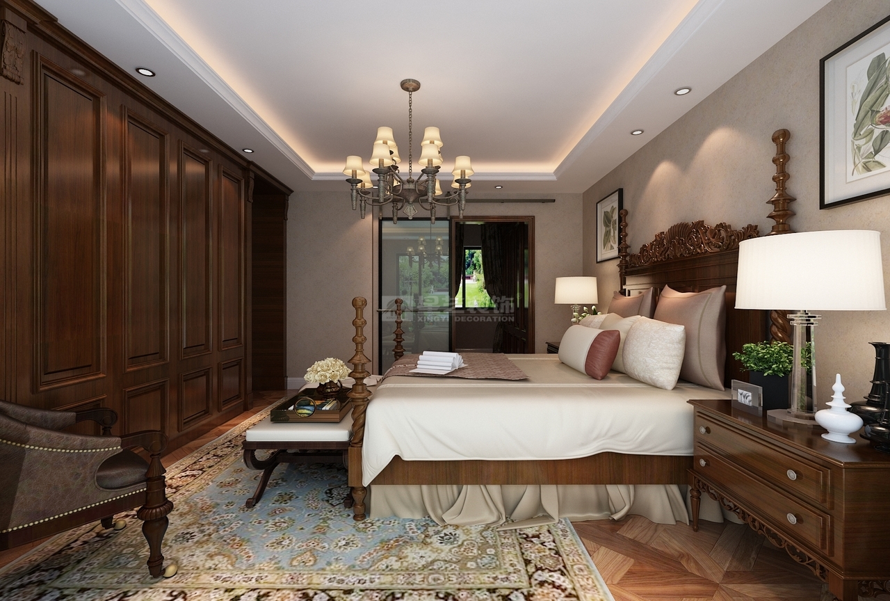 卧室空间以安静温婉的浅色调为底色，白色石膏线条营造的吊顶空间现代感十足。